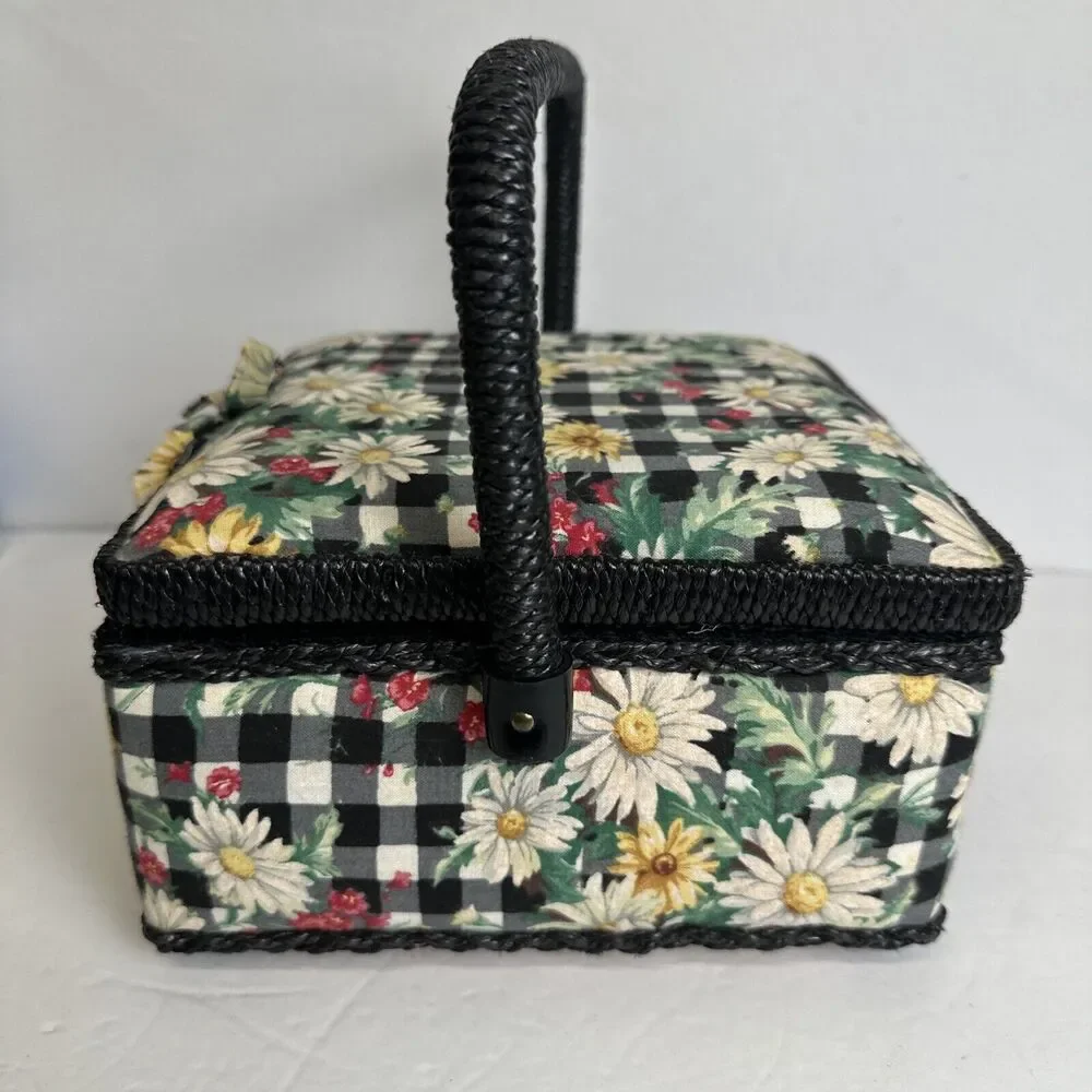 Sewing Box Basket Vintage Square‎ Floral Design Padded w/ Handle